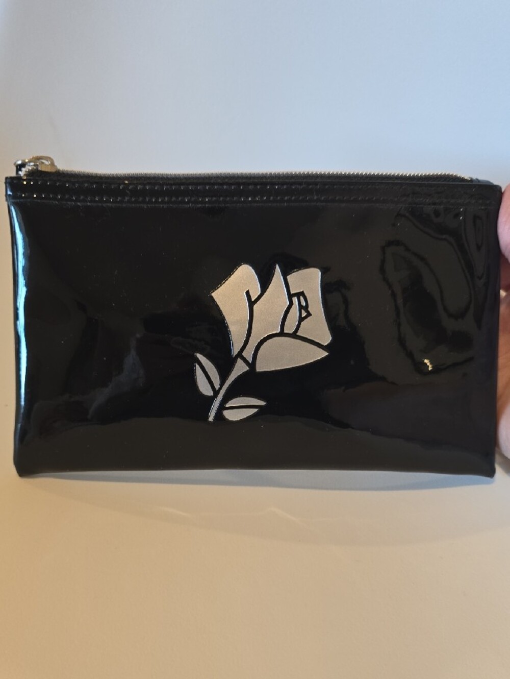 Lancome Black Patent Floral Zip Pouch